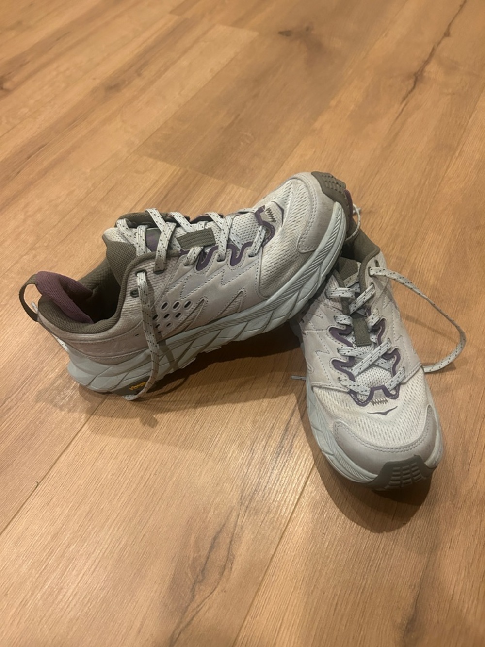 Hoka Women's Trail Running Shoes in Light Gray with Purple Accents